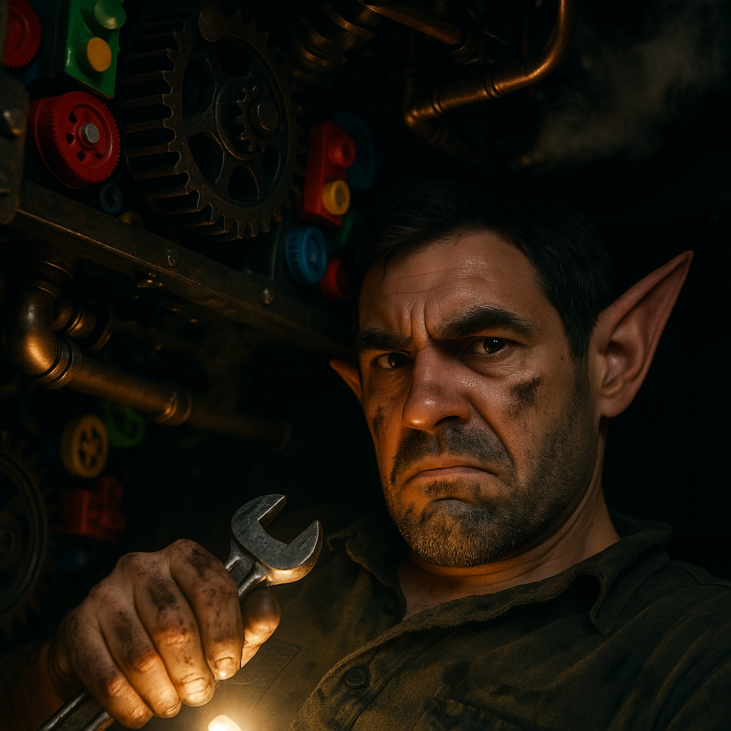 Jammy working on a large machine in a dimly lit workshop