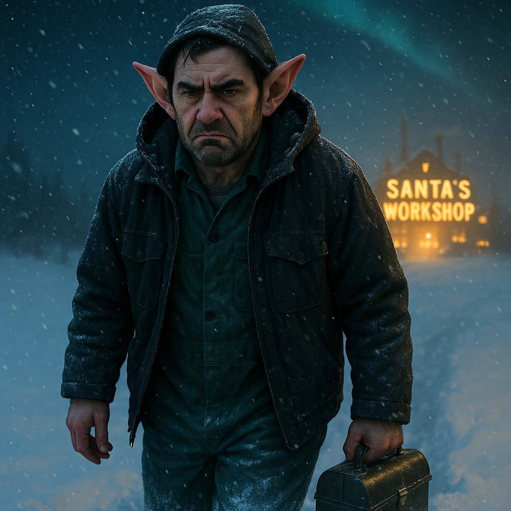 Jammy Jingle trudging through a blizzard toward the glowing neon Santa's Workshop sign