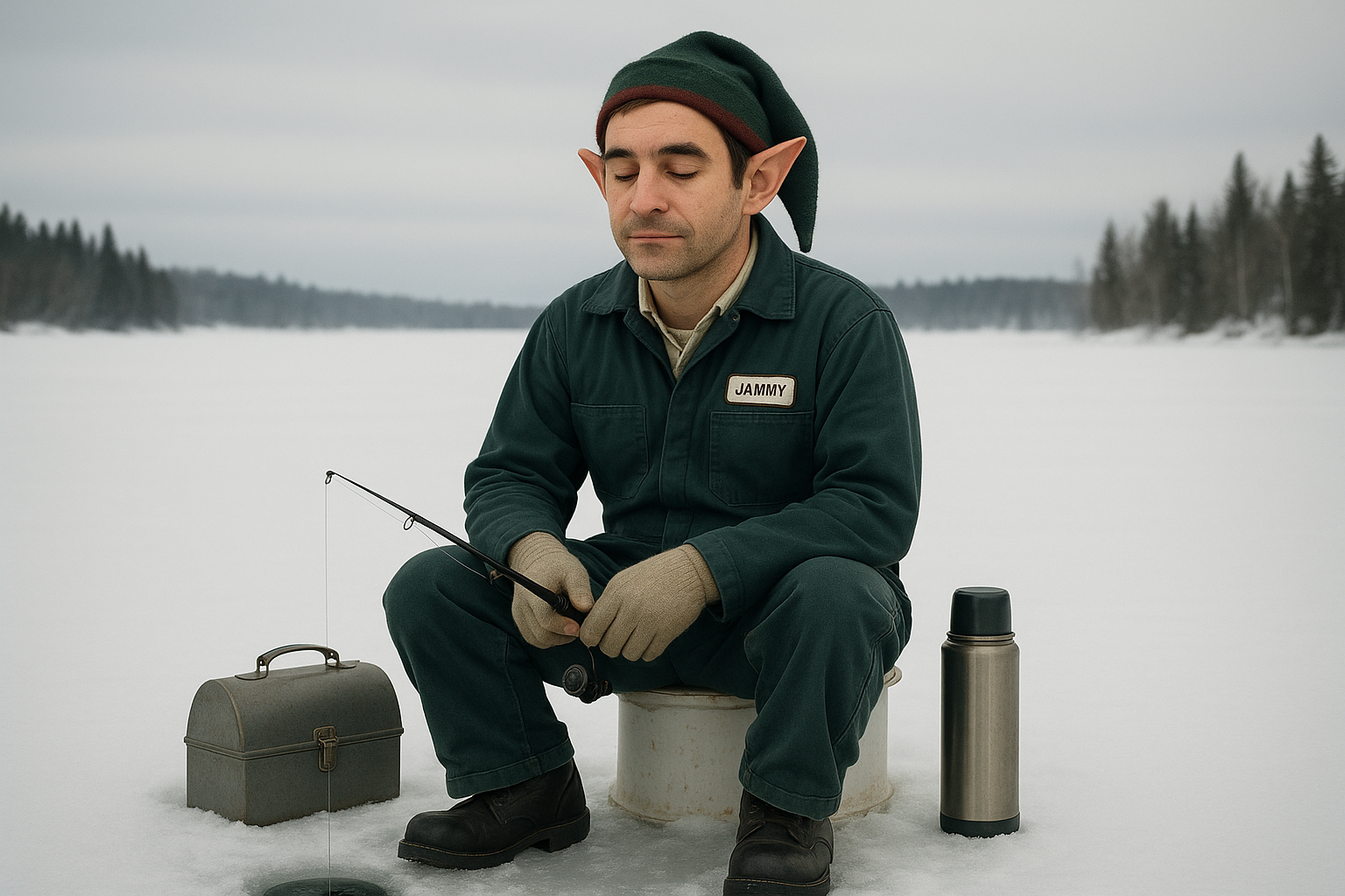 Jammy ice fishing alone before dawn