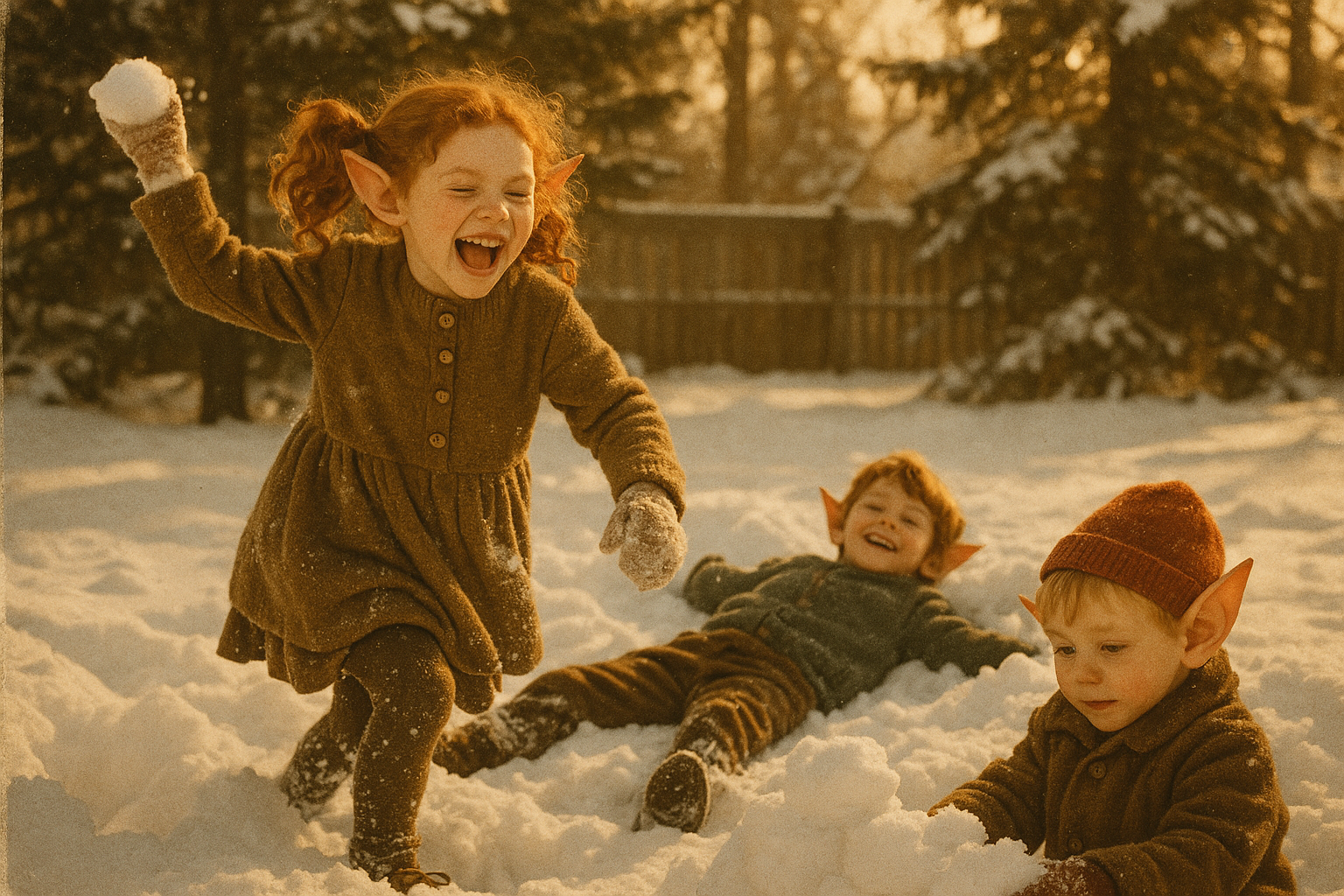 three siblings snow play